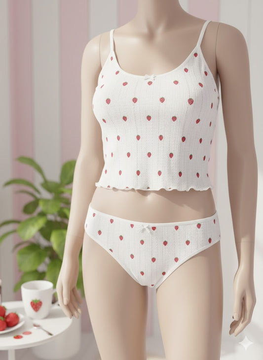 Flourish Strawberry Bliss Ribbed Non-Padded Wire-Free Soft Stretch Bra & Panty Set – White Printed Everyday Comfort Lingerie Y023