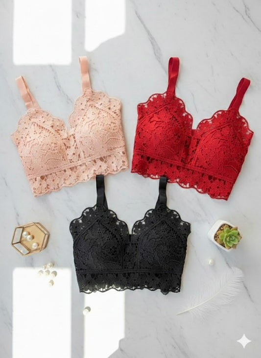 Flourish Elegant Lace Longline Bralette – Soft Padded Stylish Crop Bra