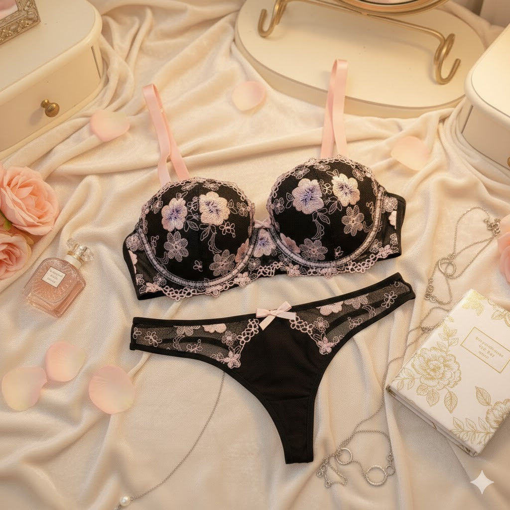 Flourish Midnight Blossom Lace Lingerie Set – Elegant Black & Blush Embroidered Soft Pad Wired Bra & Panty Set