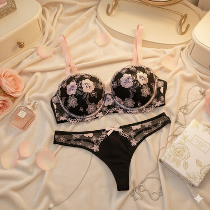 Flourish Midnight Blossom Lace Lingerie Set – Elegant Black & Blush Embroidered Soft Pad Wired Bra & Panty Set