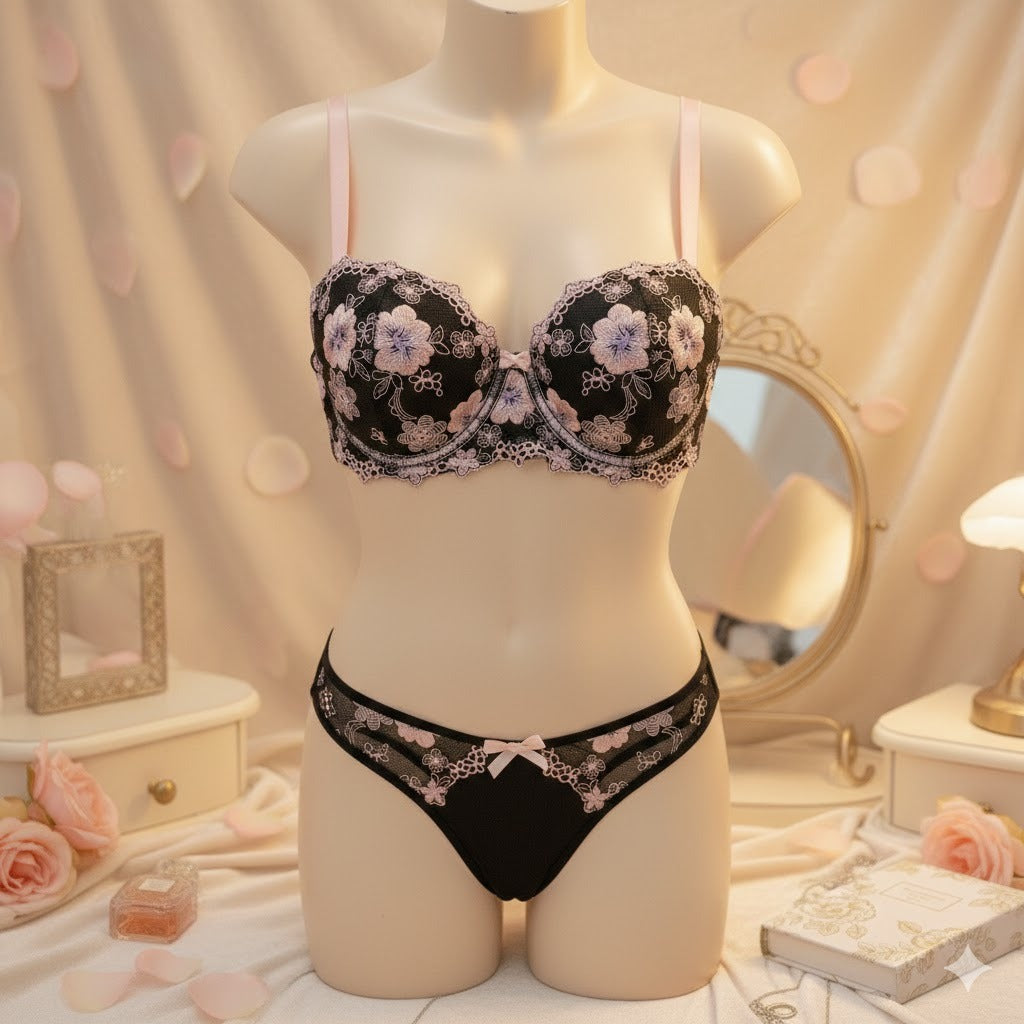 Flourish Midnight Blossom Lace Lingerie Set – Elegant Black & Blush Embroidered Soft Pad Wired Bra & Panty Set