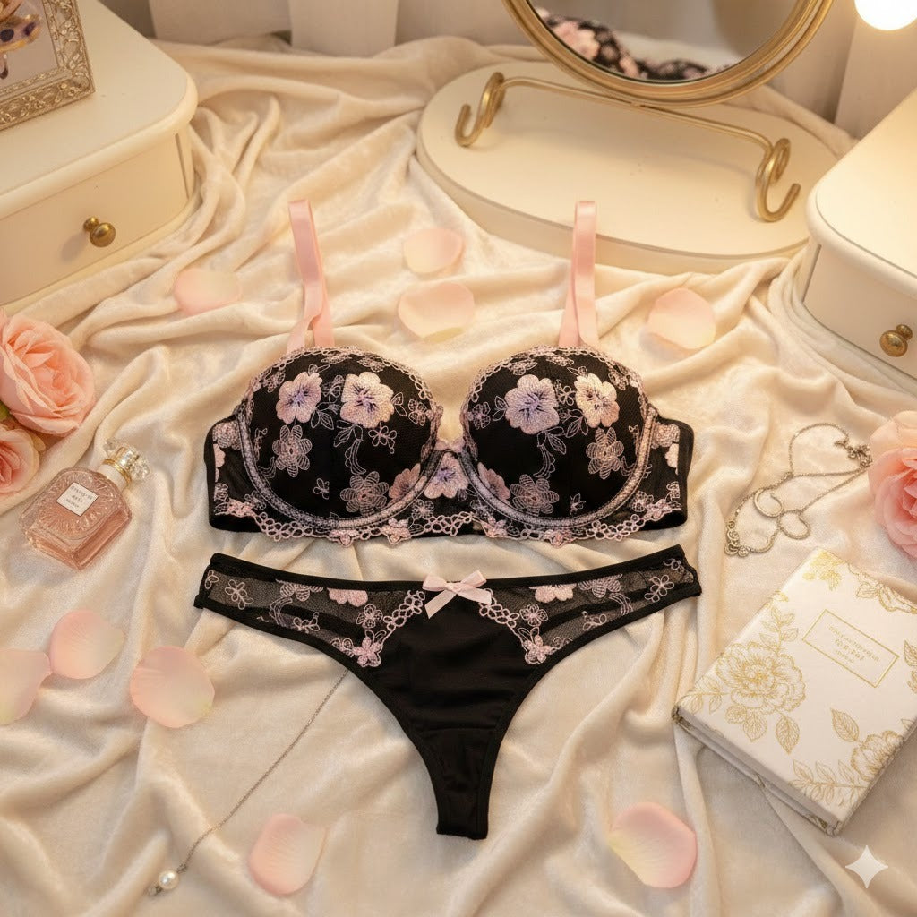Flourish Midnight Blossom Lace Lingerie Set – Elegant Black & Blush Embroidered Soft Pad Wired Bra & Panty Set