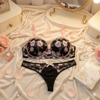 Flourish Midnight Blossom Lace Lingerie Set – Elegant Black & Blush Embroidered Soft Pad Wired Bra & Panty Set