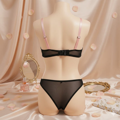 Flourish Midnight Blossom Lace Lingerie Set – Elegant Black & Blush Embroidered Soft Pad Wired Bra & Panty Set