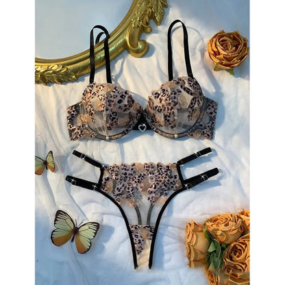 Flourish Golden Bloom Lace Lingerie Set – Luxe Leopard Embroidery with Strappy Elegance