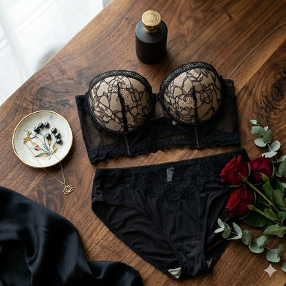 Flourish Bridal Strapless Corset Set – Elegant Black Floral Lace Padded Underwired Bra & Matching Panty Lingerie Set 2818