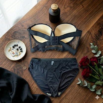 Flourish Bridal Strapless Corset Set – Elegant Black Floral Lace Padded Underwired Bra & Matching Panty Lingerie Set 2818
