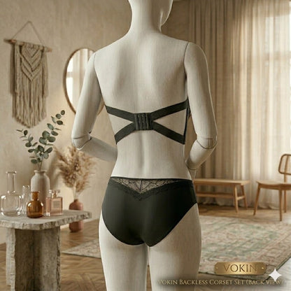 Flourish Bridal Strapless Corset Set – Elegant Black Floral Lace Padded Underwired Bra & Matching Panty Lingerie Set 2818