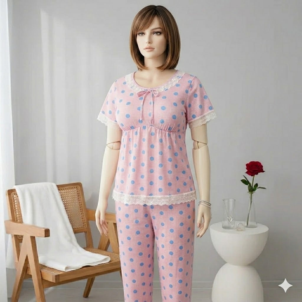 Flourish Pastel Pink & Blue Polka Dot 2-Piece Nightwear Set -720