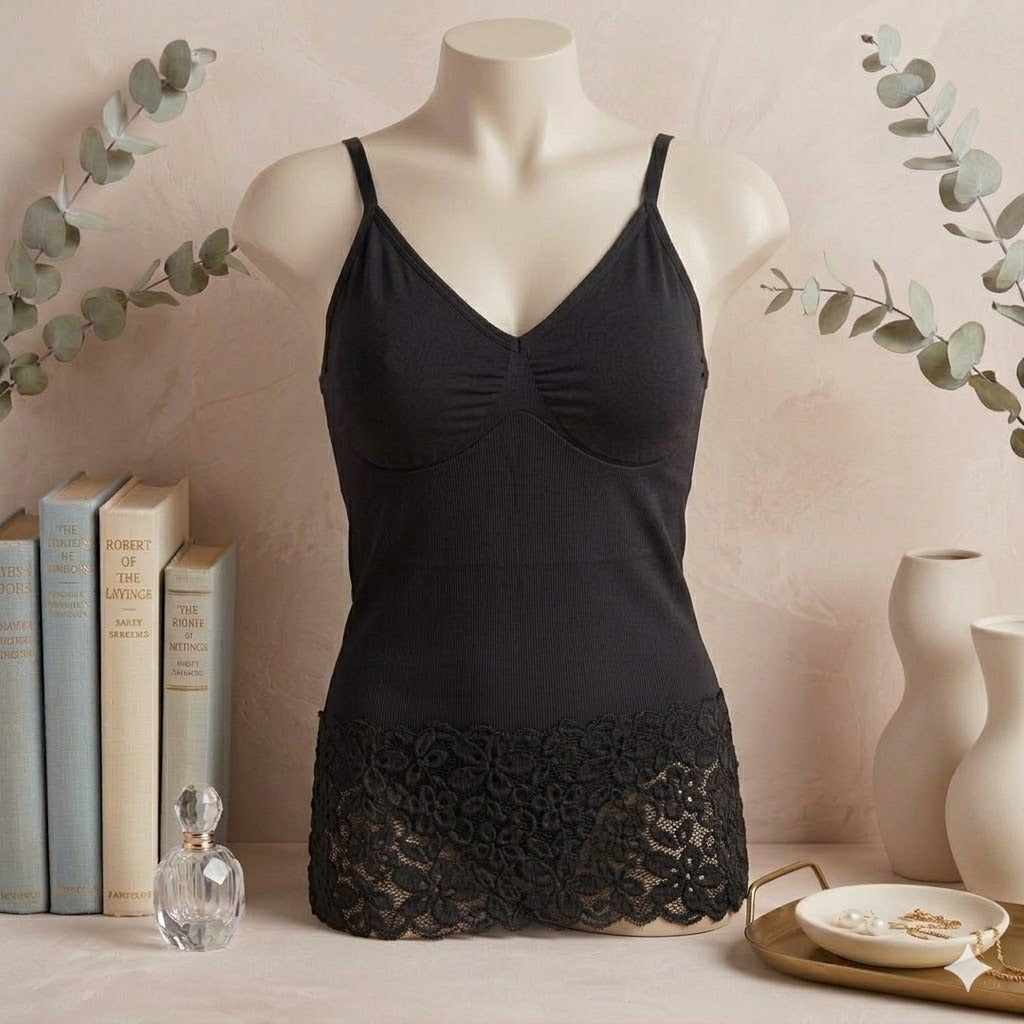 Women's Seamless Lace Camisole Tank Top with Built-In Bra – Soft Stretch Comfort Cami CMS-001