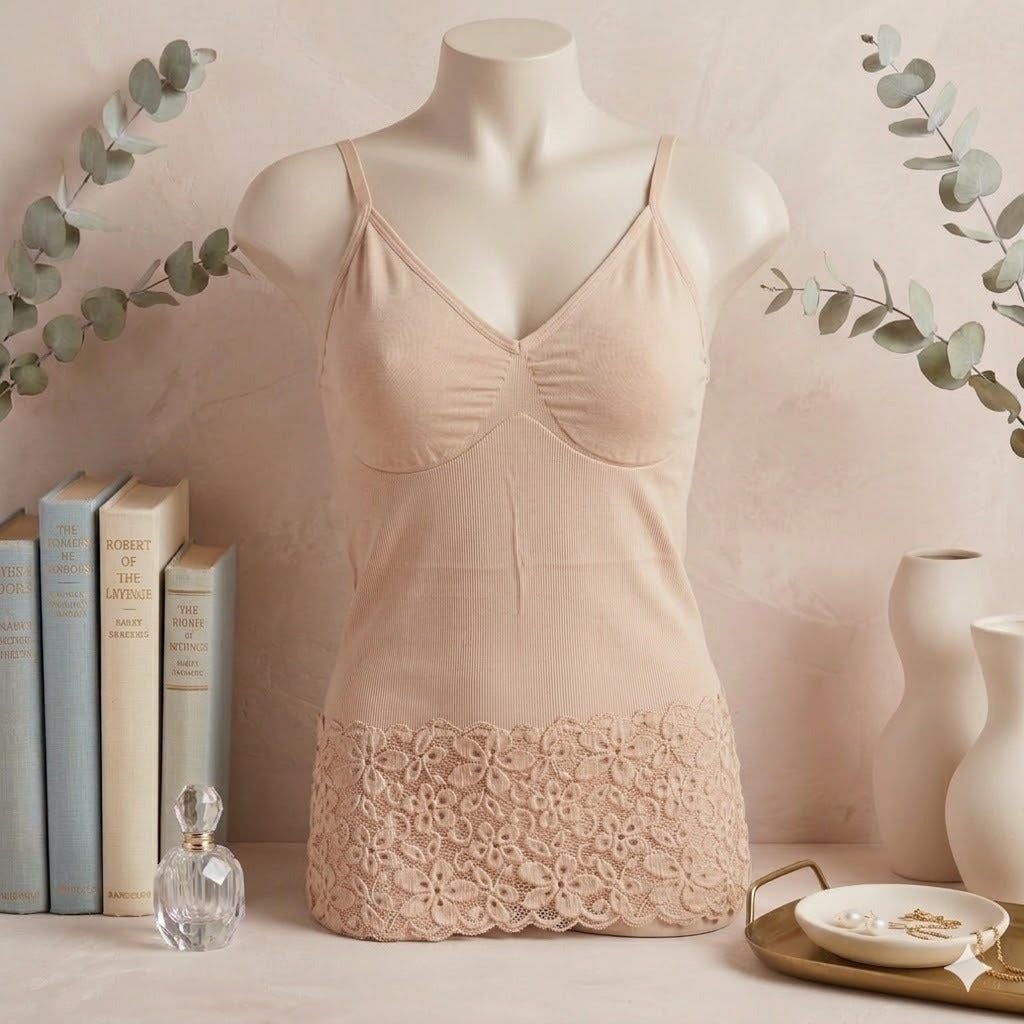 Women's Seamless Lace Camisole Tank Top with Built-In Bra – Soft Stretch Comfort Cami CMS-001