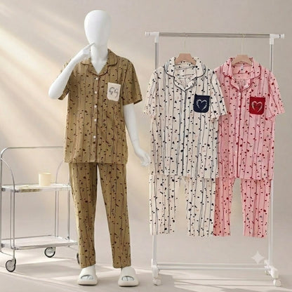 Women's Heart Print Lounge Wear Set – Half Sleeve Button-Up Top with Full-Length Pajama | 2 Piece Nightwear