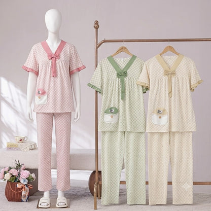 Women's Bow Tie Lounge Wear Set – Half Sleeve Relaxed Fit Night Suit | 2 Piece Pajama Set