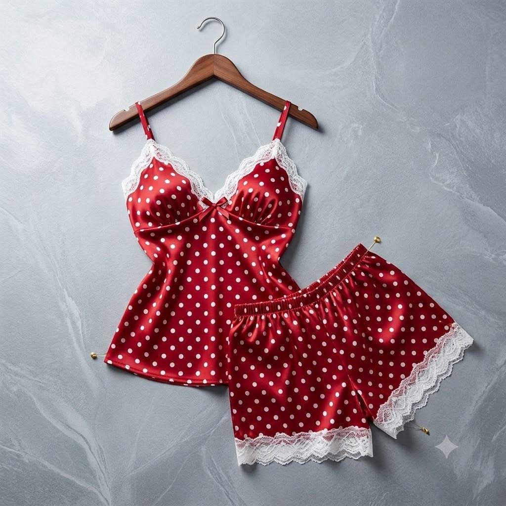 Flourish Padded Silk Pajamas For Women Sexy Lingerie Lace Trim Camisole And Shorts Polka Dot Sleepwear Home Wear 816