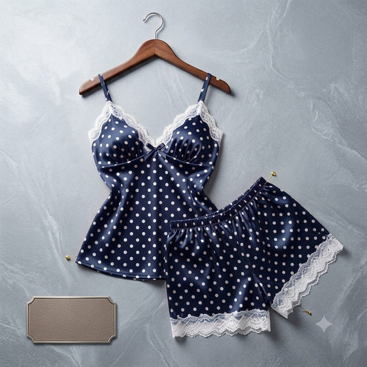 Flourish Padded Silk Pajamas For Women Sexy Lingerie Lace Trim Camisole And Shorts Polka Dot Sleepwear Home Wear 816