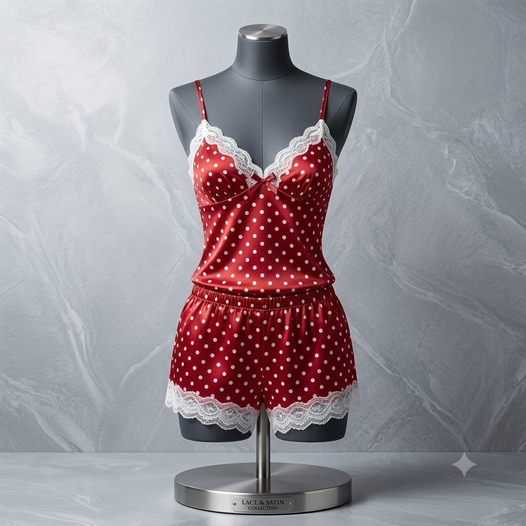 Flourish Padded Silk Pajamas For Women Sexy Lingerie Lace Trim Camisole And Shorts Polka Dot Sleepwear Home Wear 816