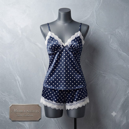 Flourish Padded Silk Pajamas For Women Sexy Lingerie Lace Trim Camisole And Shorts Polka Dot Sleepwear Home Wear 816