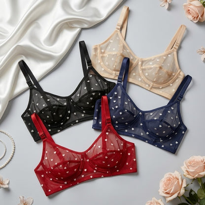 Women's Non-Padded Sheer Mesh Heart Print Bra – Soft Transparent Everyday Comfort Bra 8989