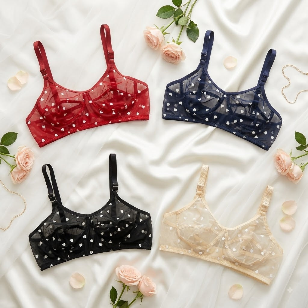 Women's Non-Padded Sheer Mesh Heart Print Bra – Soft Transparent Everyday Comfort Bra 8989