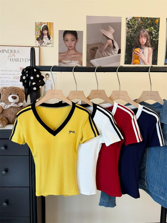 Women’s V-Neck Padded Ribbed Top T-shirt -Bow 5219