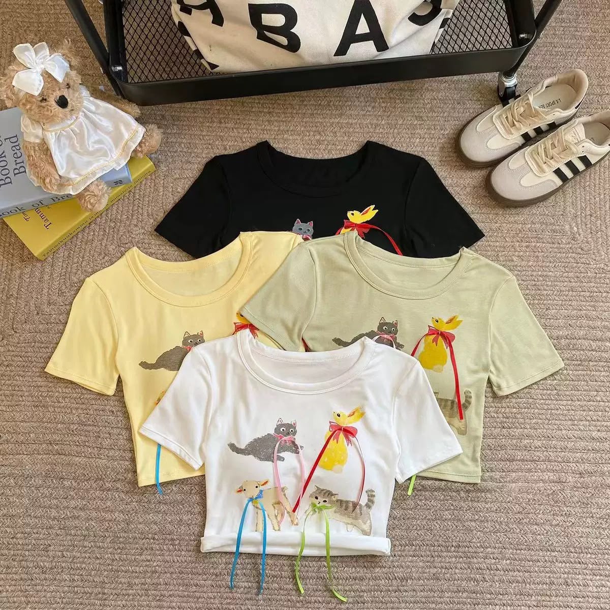 Women’s Cute Cat & Bird Graphic Short-Sleeve T-Shirt 5029