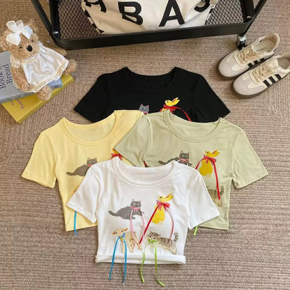 Women’s Cute Cat & Bird Graphic Short-Sleeve T-Shirt 5029