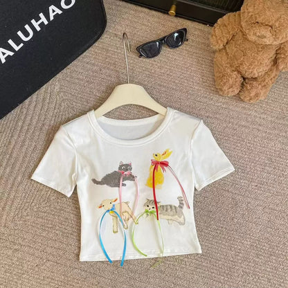 Women’s Cute Cat & Bird Graphic Short-Sleeve T-Shirt 5029