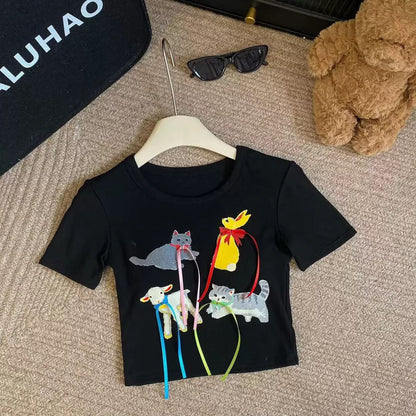 Women’s Cute Cat & Bird Graphic Short-Sleeve T-Shirt 5029