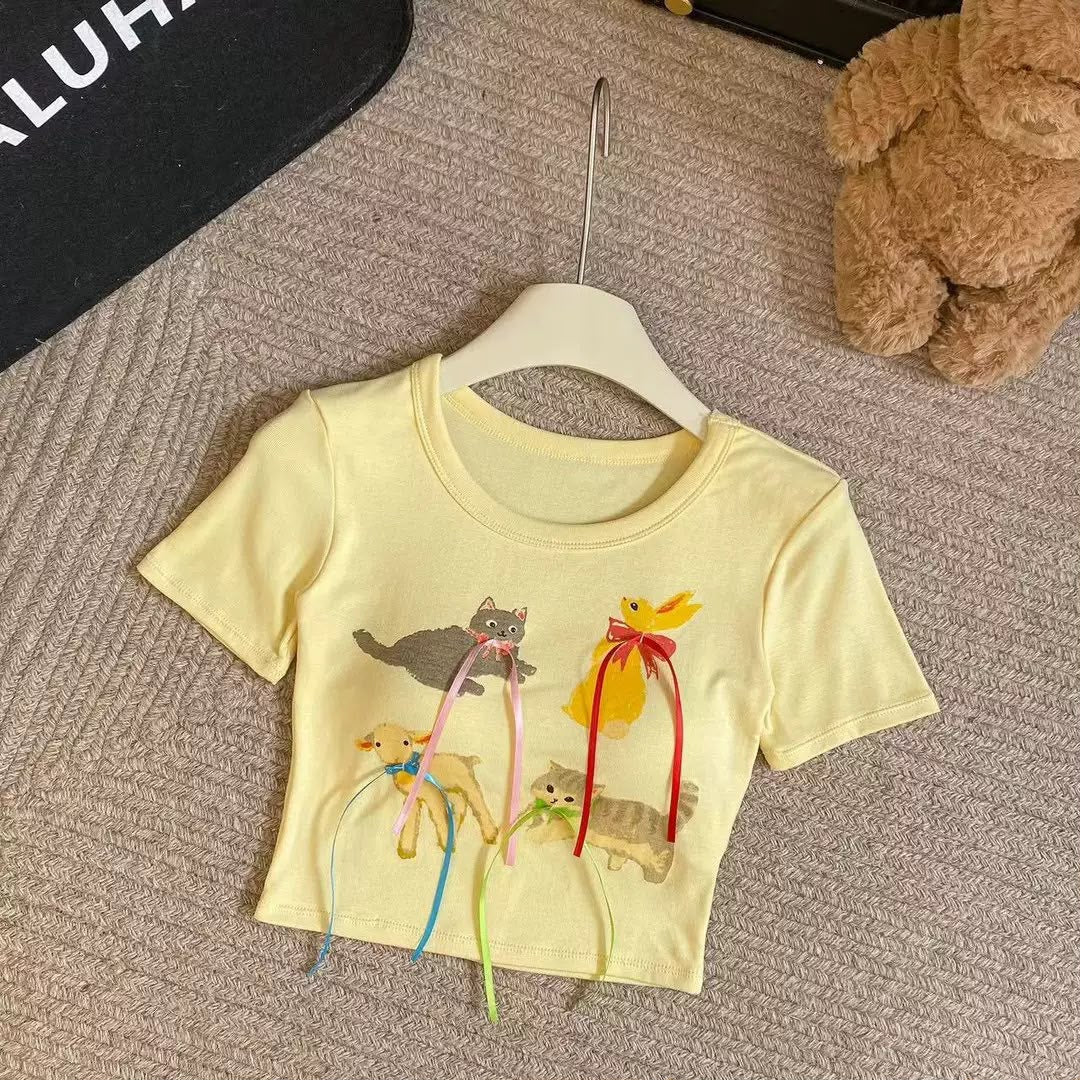 Women’s Cute Cat & Bird Graphic Short-Sleeve T-Shirt 5029