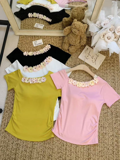 Women’s Padded Floral Neckline T-Shirt - Flower 5641