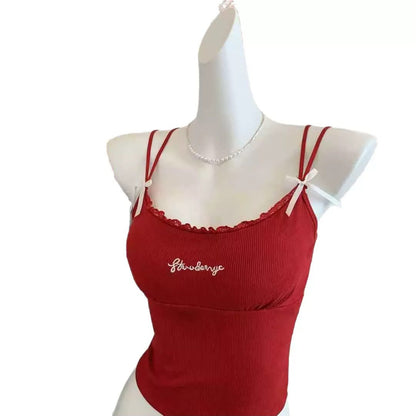 Casual Padded Strappy Crop Top with Letter Embroidery