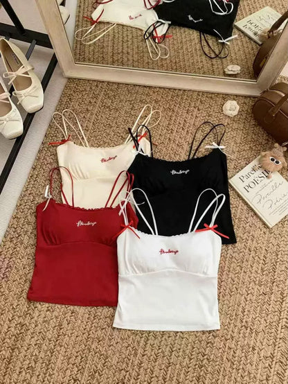 Casual Padded Strappy Crop Top with Letter Embroidery