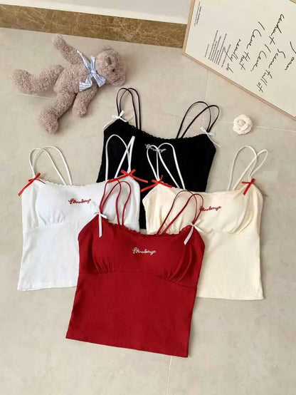 Casual Padded Strappy Crop Top with Letter Embroidery
