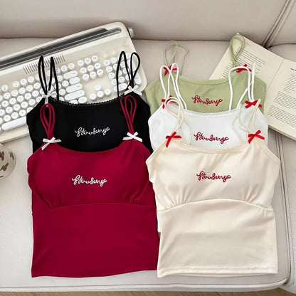 Casual Padded Strappy Crop Top with Letter Embroidery