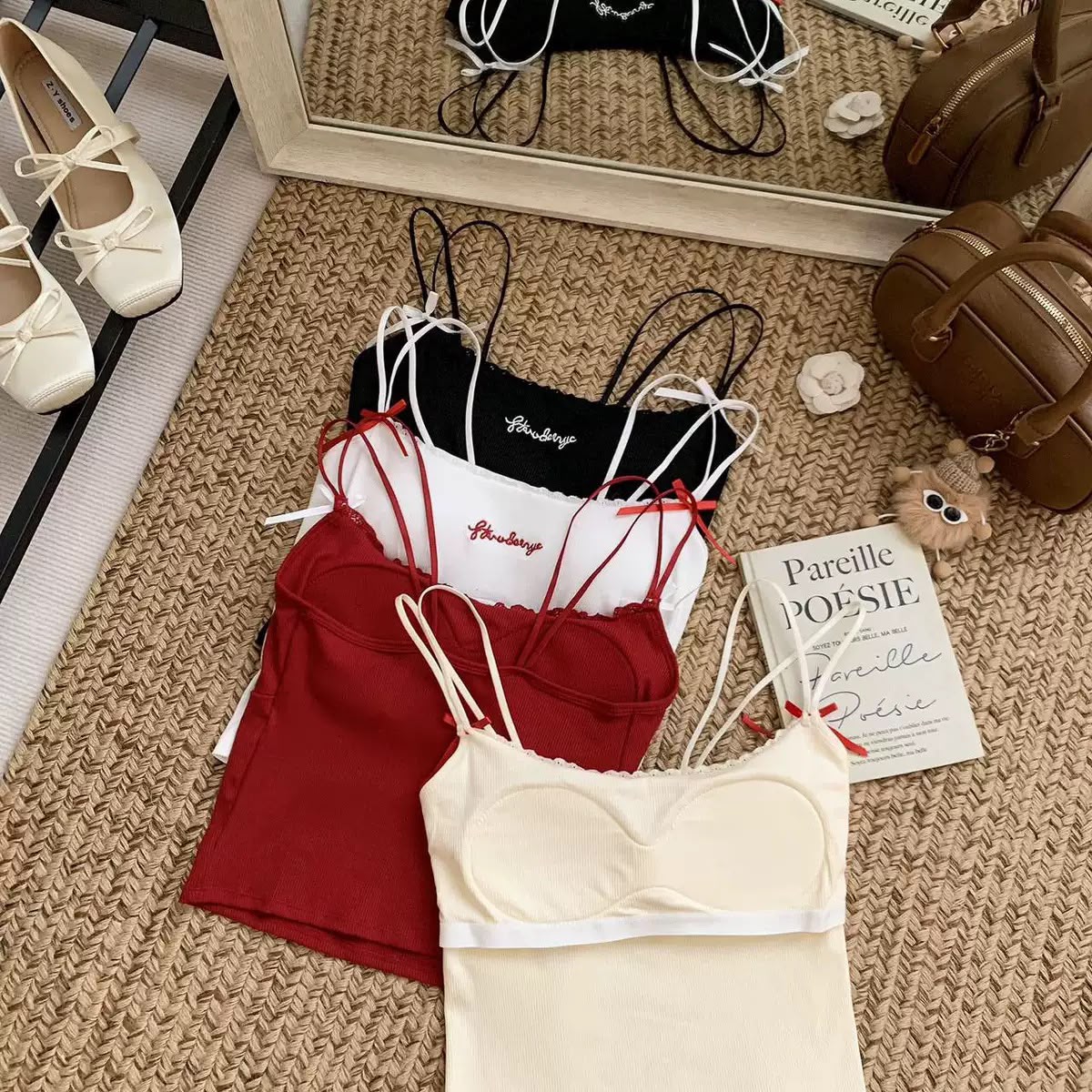 Casual Padded Strappy Crop Top with Letter Embroidery