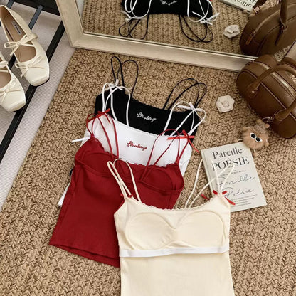 Casual Padded Strappy Crop Top with Letter Embroidery