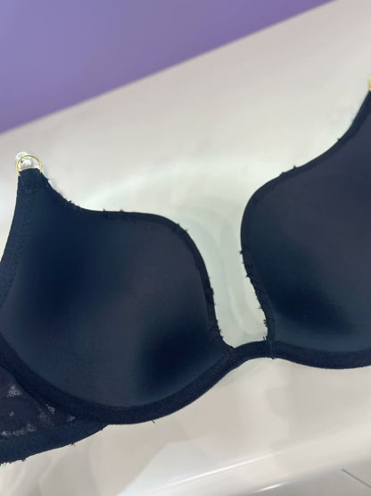 Luxury Pearl-Strap Lace Padded Bra Black -9091