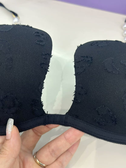 Luxury Pearl-Strap Lace Padded Bra Black -9091