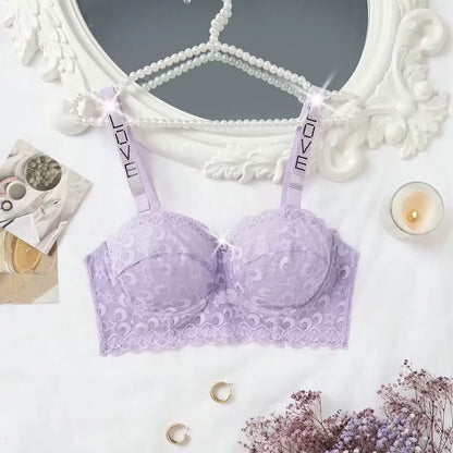 Premium Floral Lace Non-Padded Bralette with Rhinestone LOVE Straps -1014