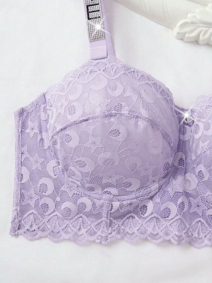 Premium Floral Lace Non-Padded Bralette with Rhinestone LOVE Straps -1014