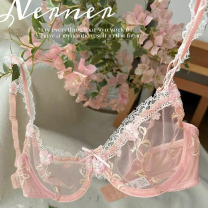 Elegant Non-Padded Floral Embroidered Mesh Bra & Panty Set -9980