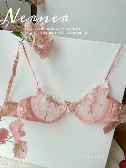 Elegant Non-Padded Floral Embroidered Mesh Bra & Panty Set -9980