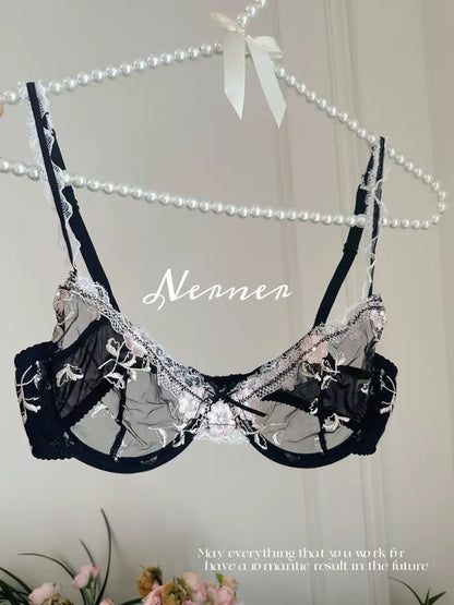 Elegant Non-Padded Floral Embroidered Mesh Bra & Panty Set -9980