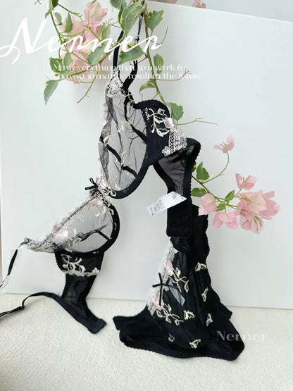 Elegant Non-Padded Floral Embroidered Mesh Bra & Panty Set -9980