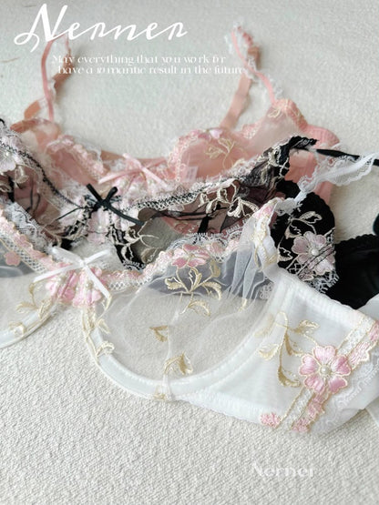 Elegant Non-Padded Floral Embroidered Mesh Bra & Panty Set -9980