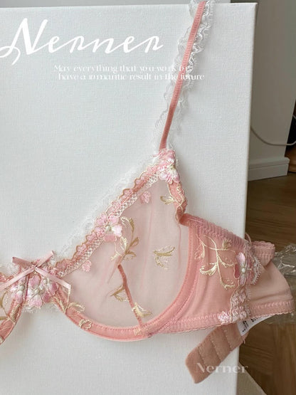 Elegant Non-Padded Floral Embroidered Mesh Bra & Panty Set -9980