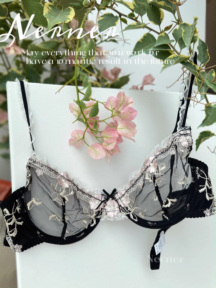 Elegant Non-Padded Floral Embroidered Mesh Bra & Panty Set -9980