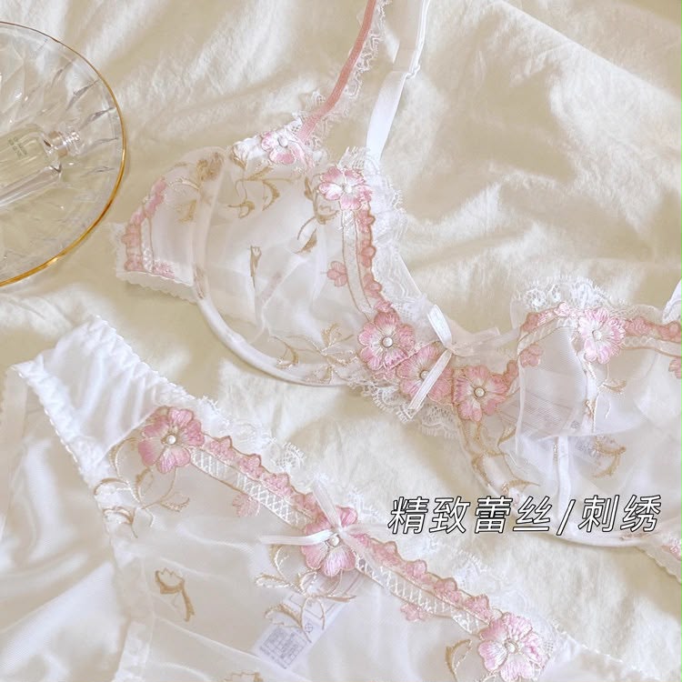 Elegant Non-Padded Floral Embroidered Mesh Bra & Panty Set -9980