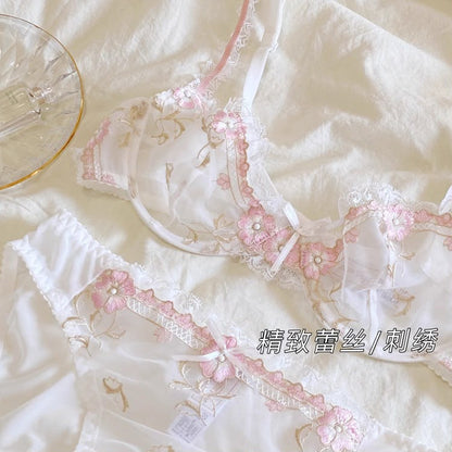 Elegant Non-Padded Floral Embroidered Mesh Bra & Panty Set -9980