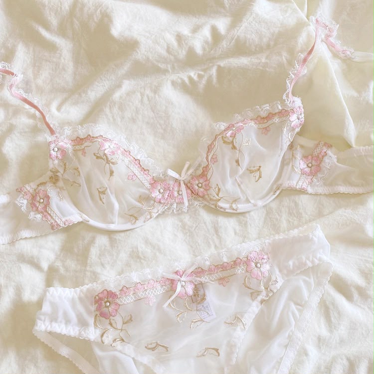 Elegant Non-Padded Floral Embroidered Mesh Bra & Panty Set -9980